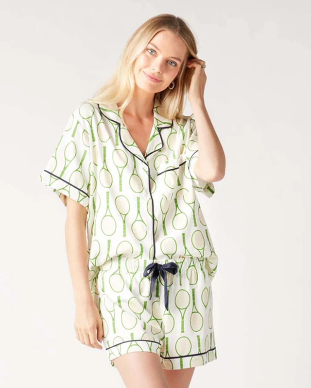 Katie Kime Tennis Time Pattern Short Sleeve Pajama Shorts Set Green M New